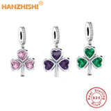 925 Silver Pink Purple Green Heart Flower Dangle Charm Bracelet Berloque