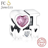 Sterling Silver Heart Bead Charm for Bracelet Pink Zircon Love Mom Berloque