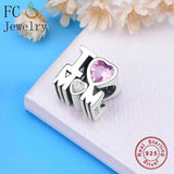 Sterling Silver Heart Bead Charm for Bracelet Pink Zircon Love Mom Berloque