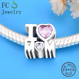 Sterling Silver Heart Bead Charm for Bracelet Pink Zircon Love Mom Berloque