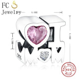 Sterling Silver Heart Bead Charm for Bracelet Pink Zircon Love Mom Berloque