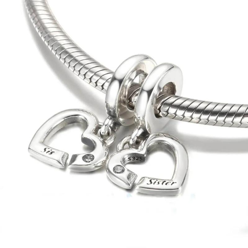 S925 Silver Bead Sister Heart Pendant Charm for Bracelet Bangle