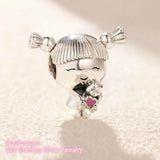 925 Sterling Silver Girl with Pigtails Charm Pink Enamel Fits Bracelets