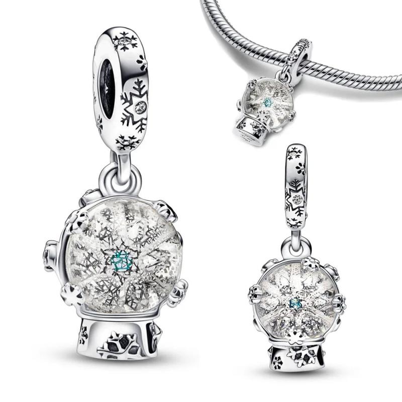 925 Sterling Silver Snowflake Snowglobe Charm Bead for Bracelet Pendant