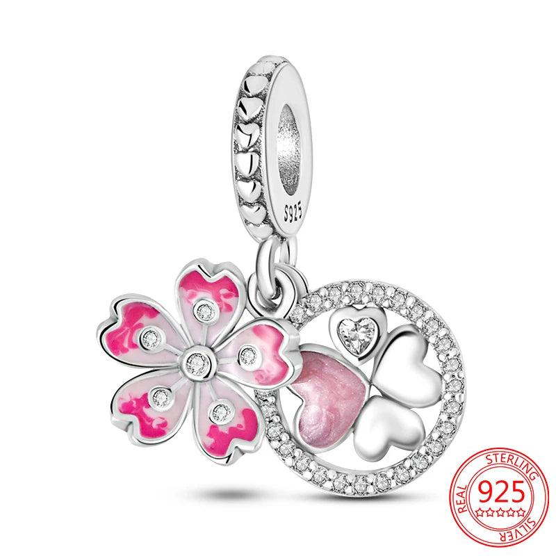 925 Silver Pink Sakura Zircon Charm Bead for Bracelet DIY Jewelry