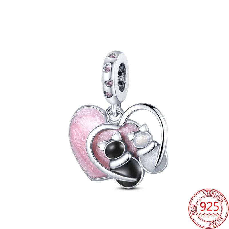 925 Sterling Silver Couple Cats Charm Beads for Bracelet Pendant