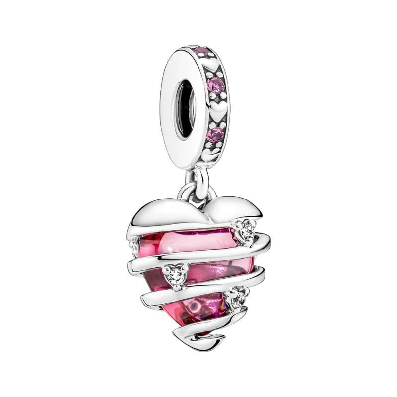 925 Silver Pink Heart Spiral Charm Bead Silver Bracelet Pendant DIY