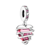 925 Silver Pink Heart Spiral Charm Bead Silver Bracelet Pendant DIY