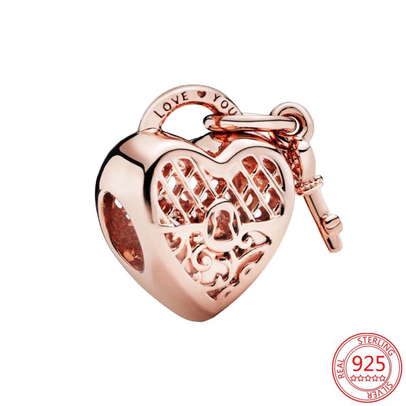925 Silver Hollow Love Lock with Key Charm Women Rose Jewelry Gift