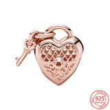 925 Silver Hollow Love Lock with Key Charm Women Rose Jewelry Gift