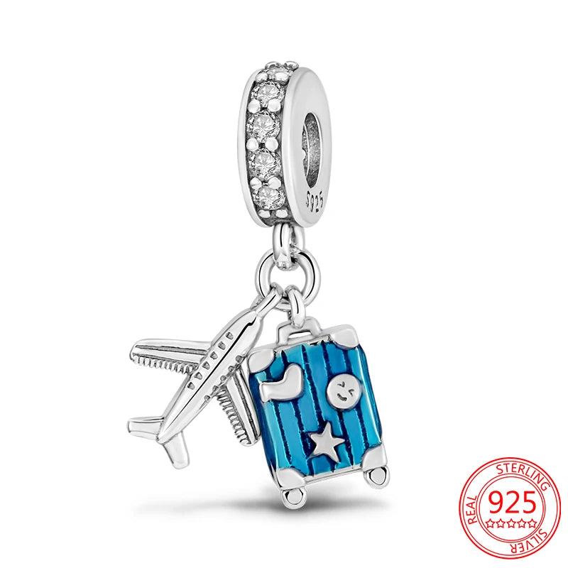 925 Silver Travel Luggage & Airplane Charms Beads for Bracelet