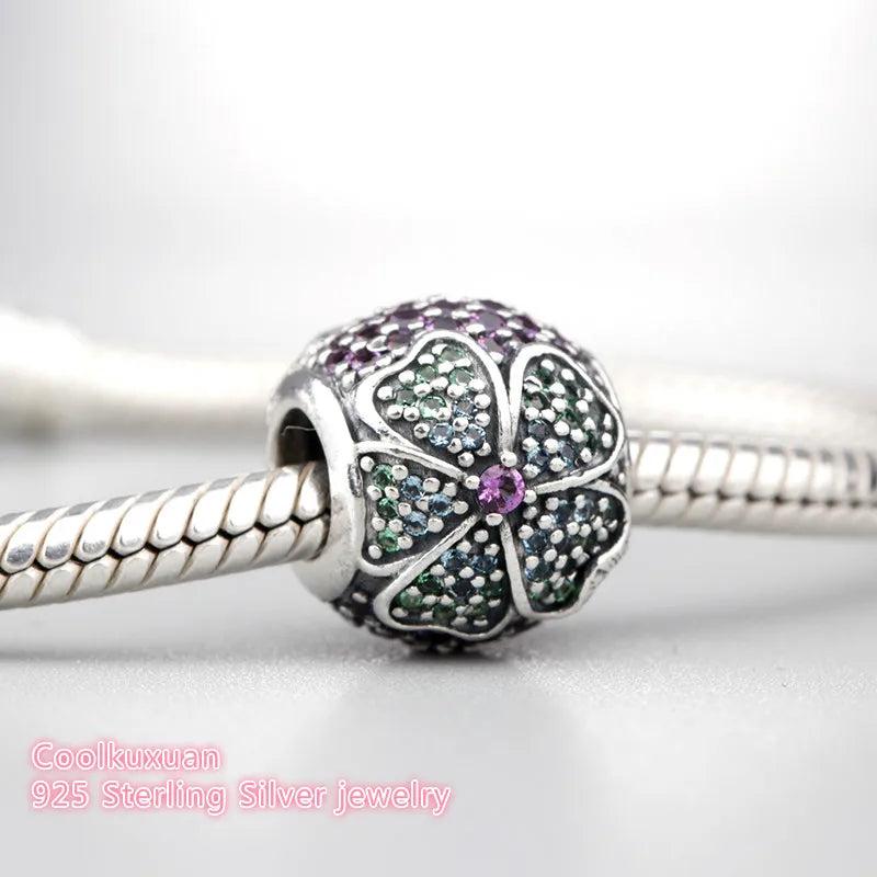 925 Silver Glorious Bloom Multi-Colored CZ Charm Bead Bracelet Jewelry