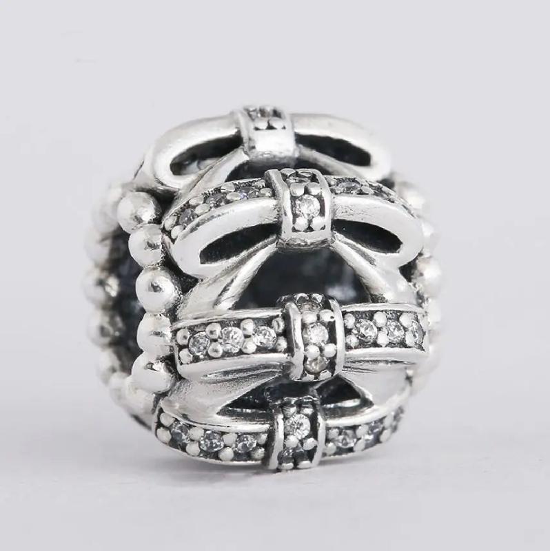 Clear CZ Bow-knot Charm Bead 925 Sterling Silver Christmas Bow Bead
