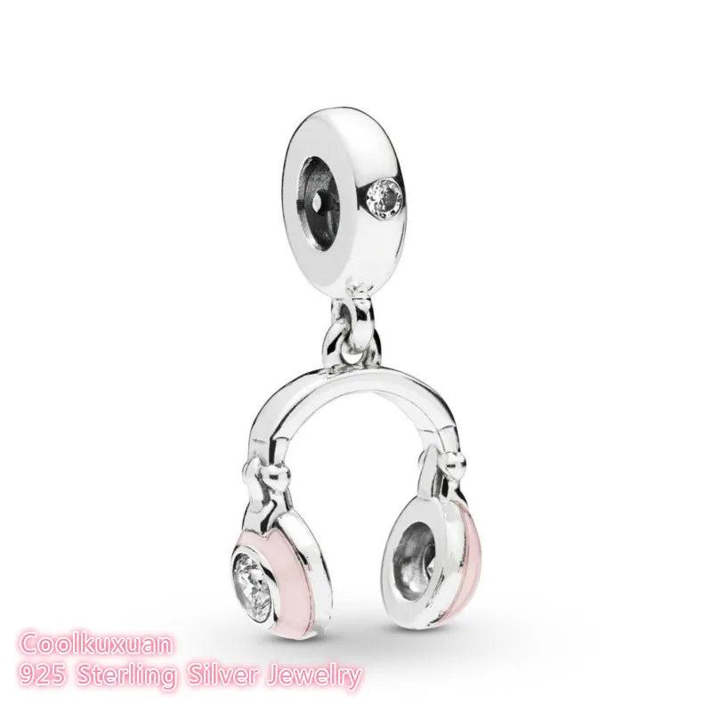 925 Silver Pink Headphones Dangle Charm for Bracelets