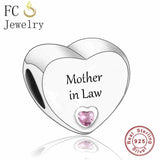 925 Silver Mother In Law Love Heart Pink CZ Bead for Bracelet