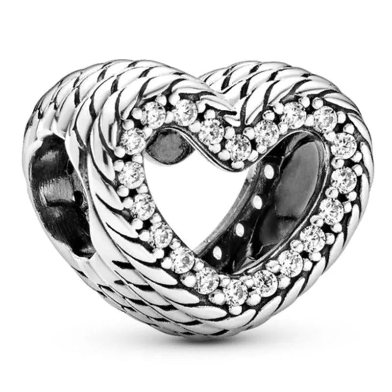 Sparkling Snake & Pink O Open Heart Beads 925 Silver Charm Bracelet
