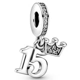 15th Birthday Dangle Crown Crystal 925 Silver Charm Bracelet