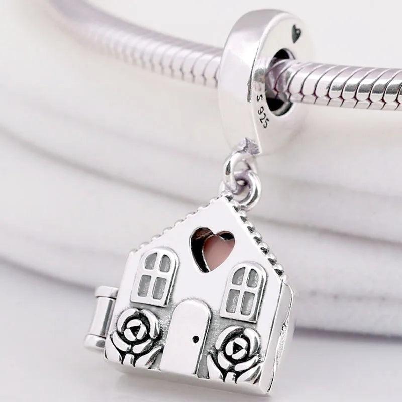 Pink Enamel Rose & Heart Locket Pendant Beads 925 Sterling Silver Charm