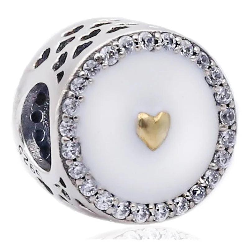 Enamel&Crystal Beads Precious Heart Charm 925 Silver Bracelet Bangle DIY