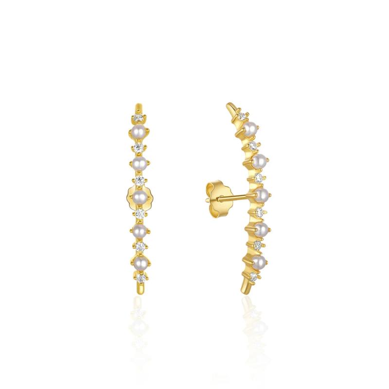 925 Silver Pearl CZ Pave Ear Climber Women Line Ear Crawlers Jewelry