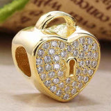 Openwork Hearts Lock Crystal Beads 925 Silver Charm Bracelet