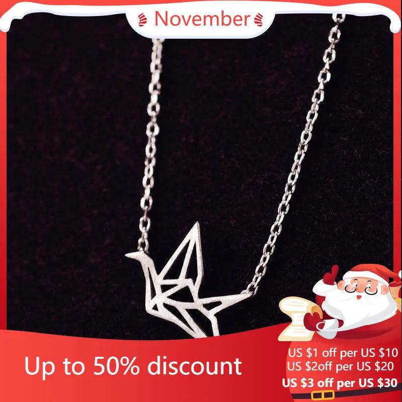925 Silver Paper Crane Necklace Pendant Gift Women Lady