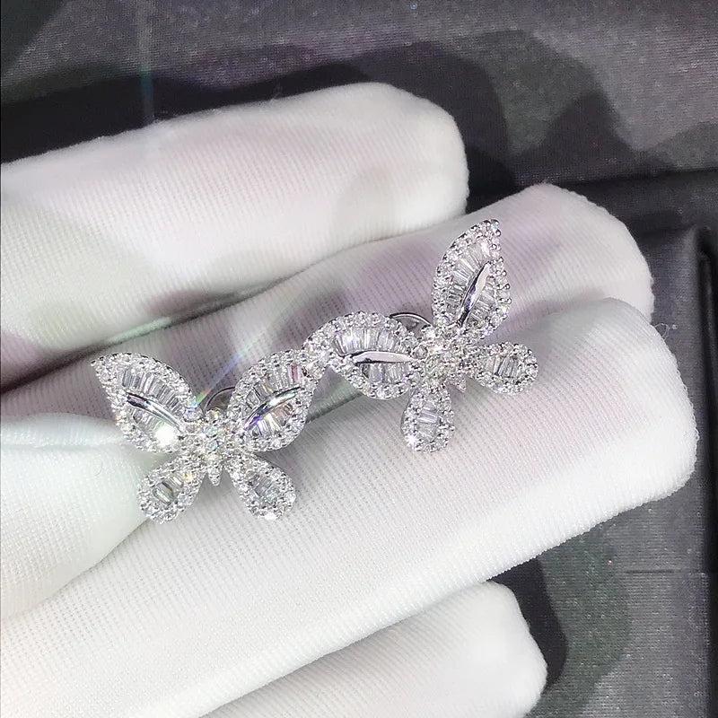 Silver Butterfly Stud Earrings with Zircon Stone