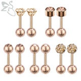 5 Pairs Women Rose Plated Ball Cartilage Studs Earrings Set CZ Stainless Steel