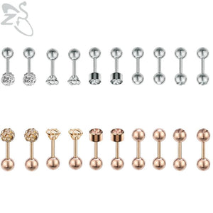 5 Pairs Women Rose Plated Ball Cartilage Studs Earrings Set CZ Stainless Steel