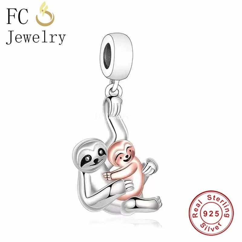925 Silver Monkey Sloth Mum Baby Bead Charm Bracelet