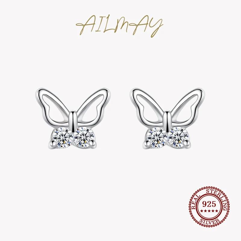 925 Silver Butterfly Sweet Stud Earrings Anti-allergy Fine Jewelry