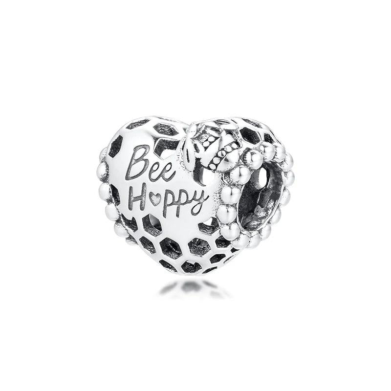 925 Silver Bee Happy Honeycomb Heart Charm for Bracelets Necklaces