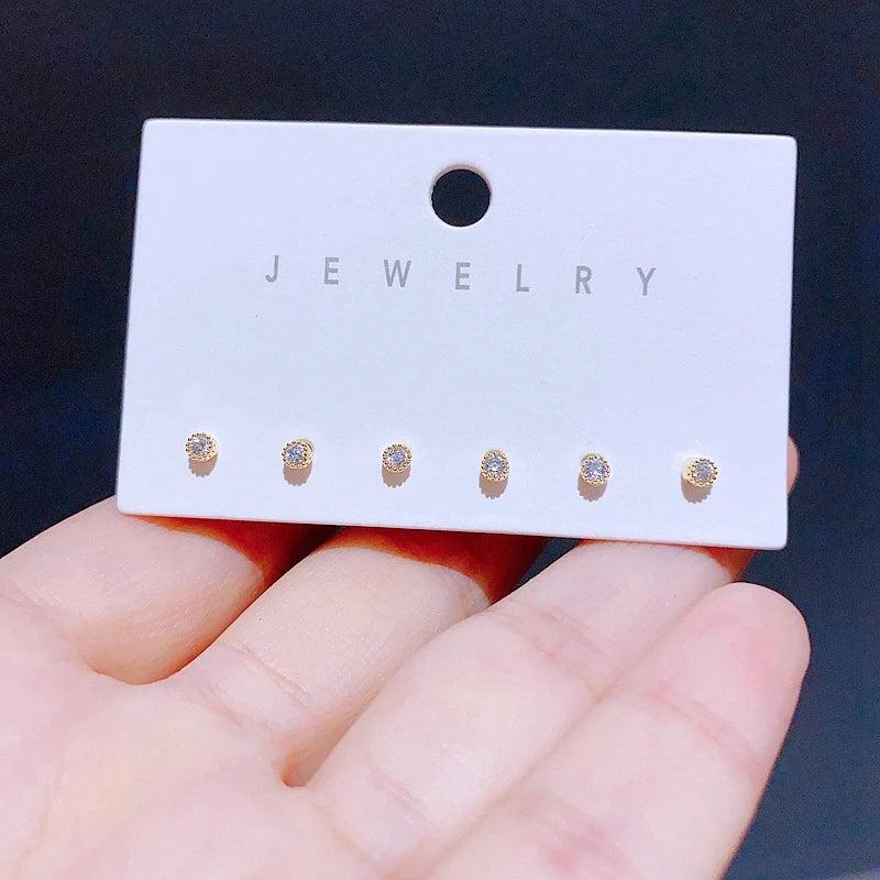 6pcs Clear Cubic Zirconia Stud Earrings Set Gold/Silver Unisex Jewelry
