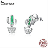 925 Silver Green Cactus Plant Stud Earrings CZ Jewelry
