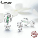 925 Silver Green Cactus Plant Stud Earrings CZ Jewelry