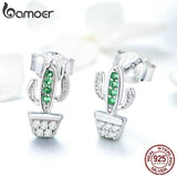 925 Silver Green Cactus Plant Stud Earrings CZ Jewelry