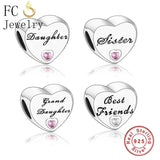 Heart Pink Stone Charms Bracelet 925 Silver Beads Family Mom Berloque