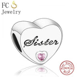 Heart Pink Stone Charms Bracelet 925 Silver Beads Family Mom Berloque
