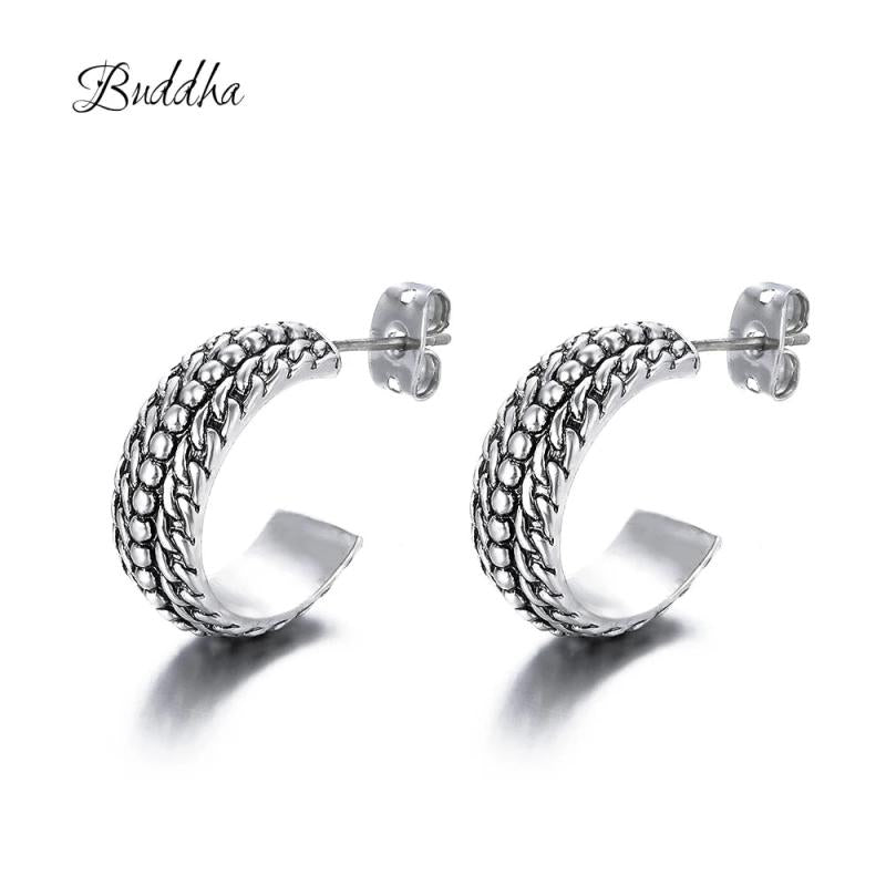 Ancient Silver Buddha Earrings Geometric Studs Women Gift