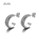 Ancient Silver Buddha Earrings Geometric Studs Women Gift