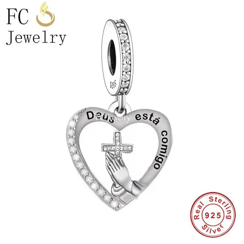 925 Silver Heart Cross Praying Hand Bead Bracelet Charm