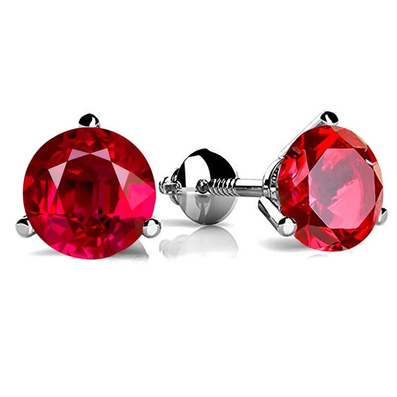 Round Red Crystal Zircon Stud Earrings 925 Silver Ruby Screw Back Jewelry
