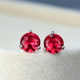 Round Red Crystal Zircon Stud Earrings 925 Silver Ruby Screw Back Jewelry