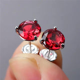 Round Red Crystal Zircon Stud Earrings 925 Silver Ruby Screw Back Jewelry
