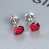Round Red Crystal Zircon Stud Earrings 925 Silver Ruby Screw Back Jewelry