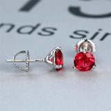 Round Red Crystal Zircon Stud Earrings 925 Silver Ruby Screw Back Jewelry