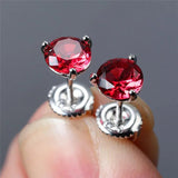 Round Red Crystal Zircon Stud Earrings 925 Silver Ruby Screw Back Jewelry