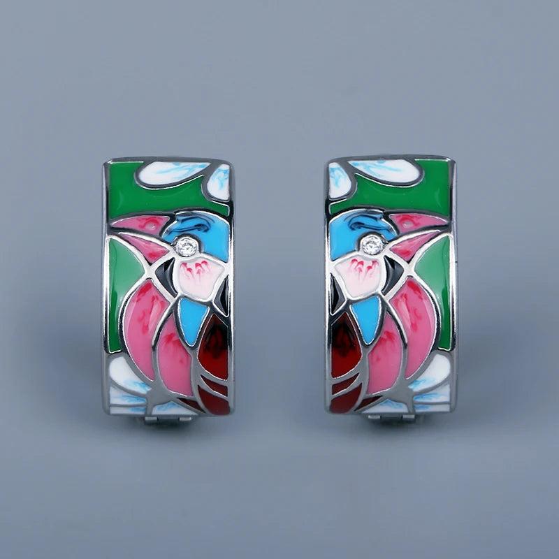 Green Spinel Bird Enamel Earrings - 925 Silver Plated