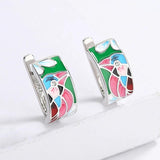 Green Spinel Bird Enamel Earrings - 925 Silver Plated