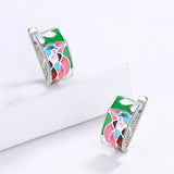 Green Spinel Bird Enamel Earrings - 925 Silver Plated